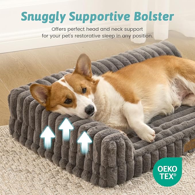 COZY KISS Faux Rabbit Fur Medium Dog Bed – 36"x27" Orthopedic Foam Couch with Sides, Removable Washable Cover & Waterproof Lining, Grey