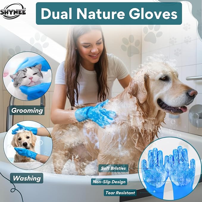 8PCs Dog Grooming Kit - Dog Shampoo Brush | Washing Gloves | Adjustable Dog Bath Brush | Dog Paw Cleaner | 2X Toothbrush | Dog Scrubber For Bath & Massage - Grooming & Bath Supplies for Dogs and Cats