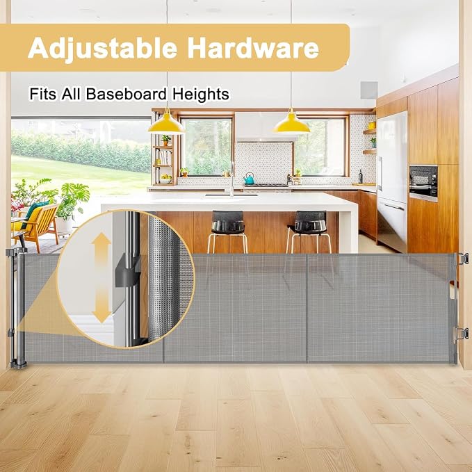 28 Inch Tall Retractable Baby Gates, 80" Wide Reinforced Retractable Dog Gate with Support Rods, Walk Through Pet Gate, Short Dog Gate Retractable Pet Gate, Mesh Baby Gate for Stairs, Doorways, Gray