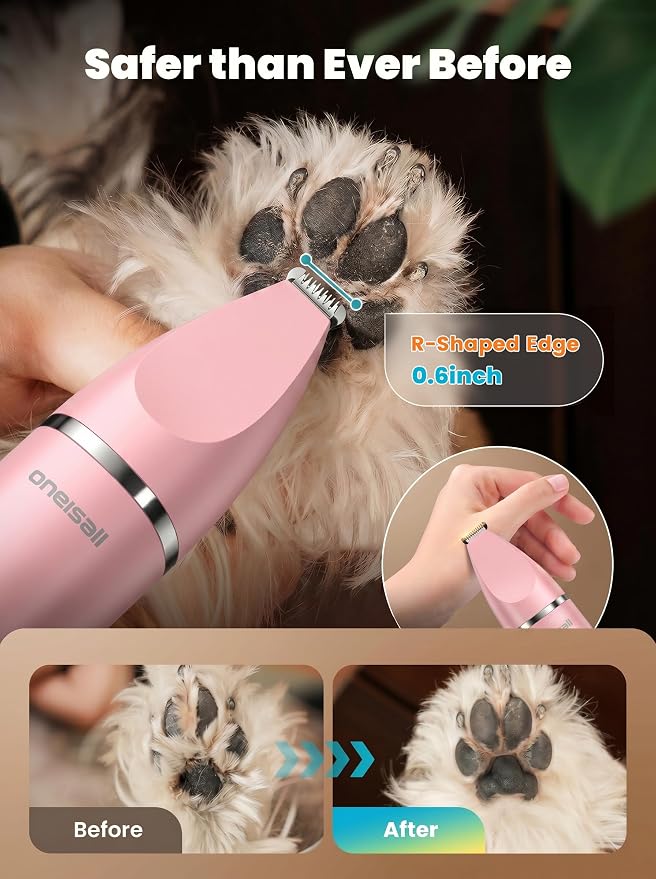 oneisall 4 in 1 Dog Grooming Kit with LCD Display Pink | Paw Hair Trimmer & Nail Grinder, Rechargeable, Cordless, Low Noise, IPX7 Waterproof, 3 Speeds Pet Grooming Clippers