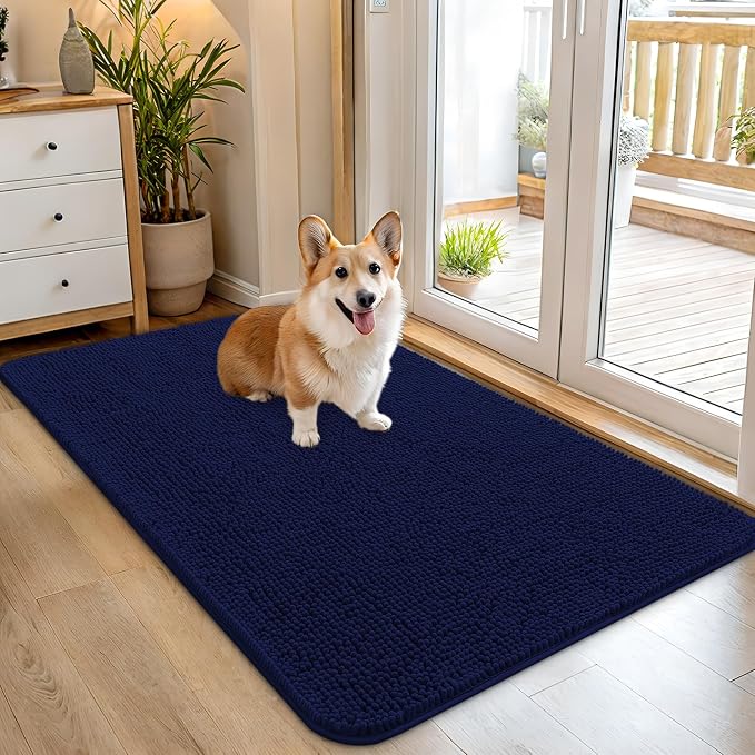 OLANLY Dog Door Mat for Muddy Paws 45x27, Super Absorbent Chenille Mud Mat | Navy Blue, Absorbs Moisture and Dirt, Non-Slip Machine Washable Doormat, Quick-Drying Indoor Entryway Floor Carpet for Dogs