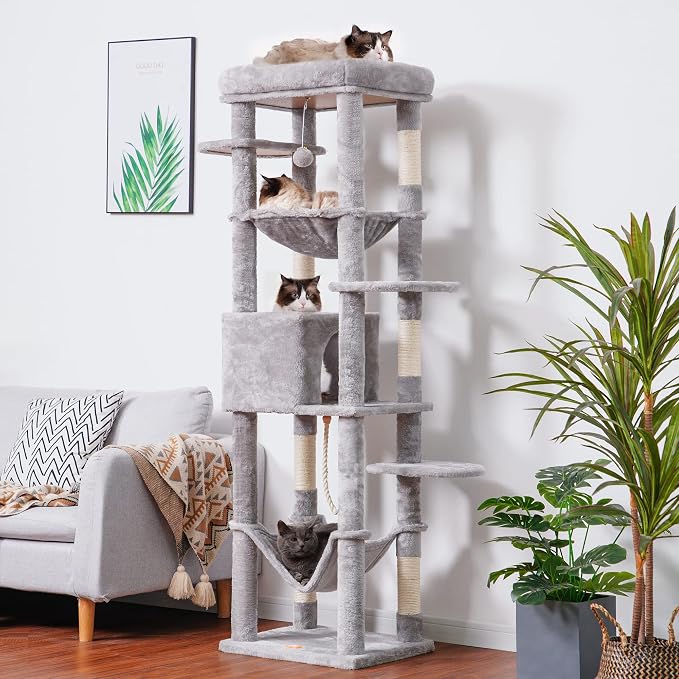 Heybly Cat Tree for Large Cats 20 lbs, 69 inches Cat Tower HCT031W | Heavy Duty Cat Condo for Indoor Cats, Multi-Level Furniture with Big Padded Plush Perch, Cozy Basket, Light Gray