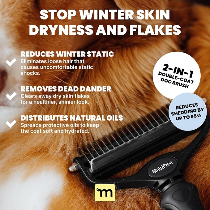 MalsiPree Dog Brush - Large Black, 2-in-1 Undercoat & Dematting Rake | 2-in-1 undercoat rake & dematting brush - deshedding tool - Use for medium to large double-coated dogs & cats