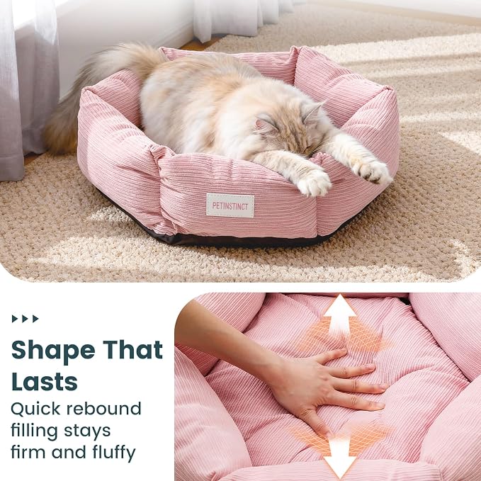 Cat Bed, 22 Inch Washable Corduroy Cat and Small Dog Bed with Removable Cover & Anti-Slip Bottom, Calming Comfort Pet Bed for Pets up to 15 lbs (Pink)