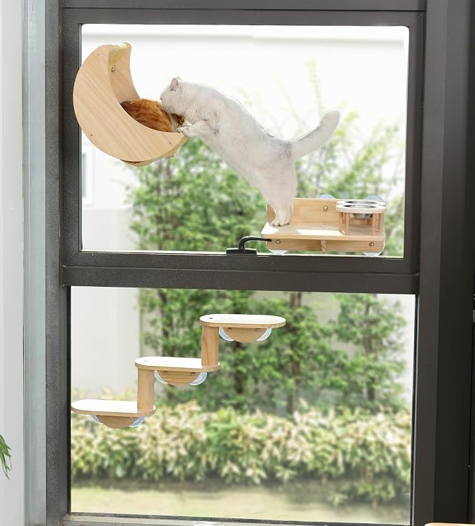 Cat Window Perch, Plywood Moon Bed with 4 Heavy-Duty Suction Cups | Window-Mounted, Drill-Free, Up to 40 lb Support, For Small to Medium Cats, Spacious Lounging Area, Machine-Washable Pad