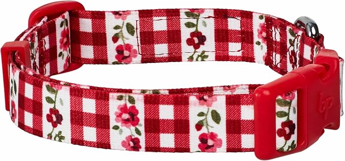Blueberry Pet Spring Scent Inspired Dainty Flower Dog Collar, Red Check, Adjustable Dog Collar for Large Dogs, Size Large, Neck 18-26"