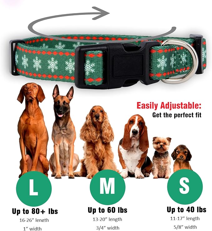 Native Pup Christmas Dog Collar- Winter Holiday Collars for Pets- Xmas Gift for Puppy- Santa, Reindeer, Snowman, Candy Cane, Red Green- Girl Boy- Small, Medium, Large Breeds (Green Snowflake, Large)