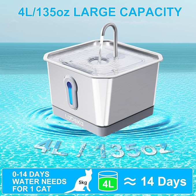 135oz/4L Wireless Cat Water Fountain, [304 Stainless Steel]&[Water and Electricity Separation Safety Design], Pet Fountain for Cats Inside, Easy to Clean for Cats and Dogs (Silver+2Filters)