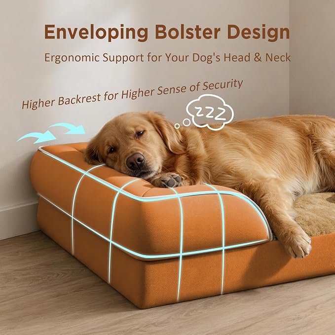 Comfort Expression Orthopedic Dog Bed for Extra Large Dogs with Bolster | Waterproof Dog Couch Bed with Washable Cover & Non-Slip Bottom, Supportive Egg Crate Foam XL Pet Bed, 42x30 Inch