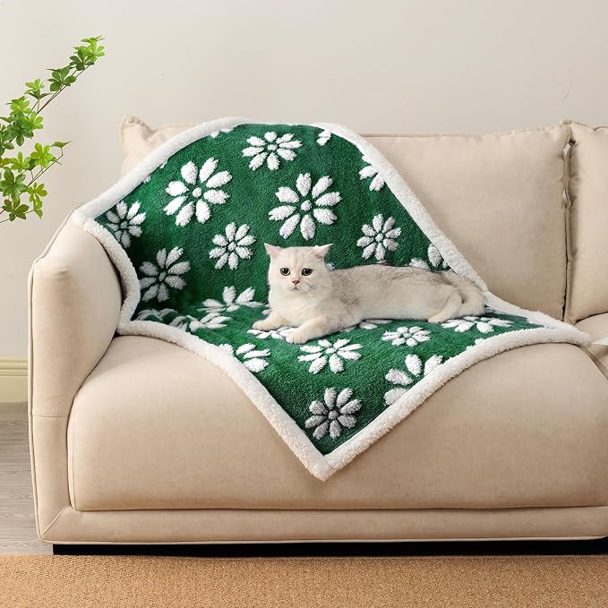Waterproof Blanket for Dog Cat or Adult, Cute 3D Textured Flower Dog Blanket for Bed Couch Sofa, Soft Liquid Pee Proof Pet Furniture Protector, 50"x60", Green