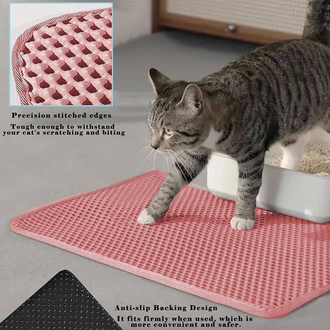 HCY&WLD Cat Litter Mat, Honeycomb Double Layer Litter Trapping Mat | Safe Materials, Soft on Paws, Waterproof Urine Proof Non-Slip, Protects Floors, Less Waste, Easy to Clean, Pink, 30" x 22"