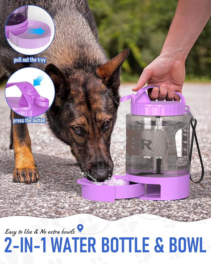 lesotc 77oz Dog Travel Water Bottle, Large Portable Dog Water Bowl Dispenser, Leakproof Pet Drinking Bottle Dispenser for Hiking Camping Walking Travelling Beach Car Trips, No Spill, BPA Free,Purple