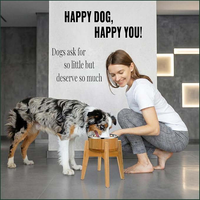 Elevated Dog Bowl for Mid-Large Breed, (12-Inch High, 64-oz) | Raised Food and Water Bowl with Stand, Flip-Resistant - Real Bamboo and Stainless Steel