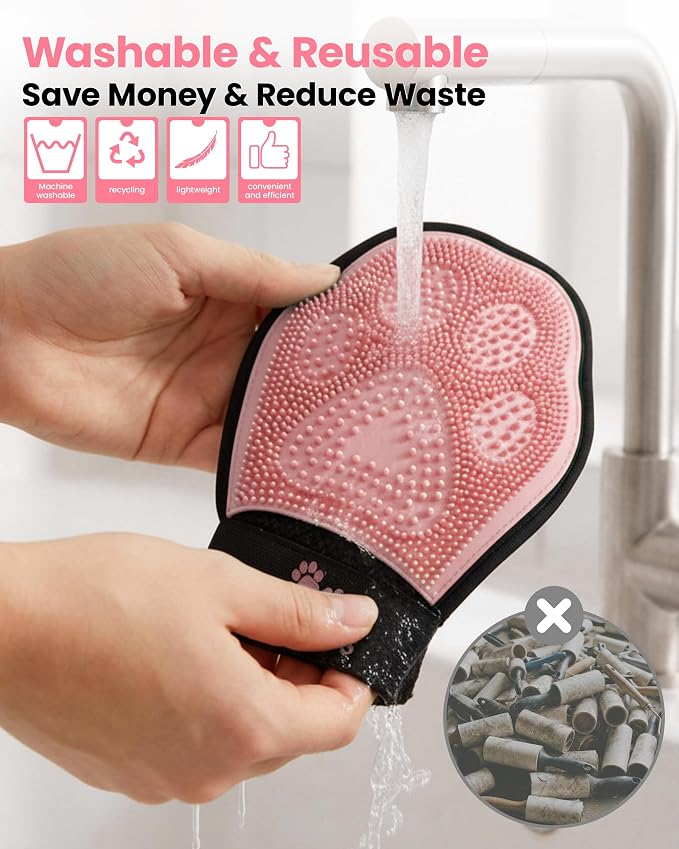 Pet Hair Removal Glove for Dogs & Cats, Double-Sided Grooming Glove | 2-in-1 Pet Grooming Tool, Electrostatic Hair Remover for Clothes & Furniture + Silicone Brush for Deshedding Pets，Pink