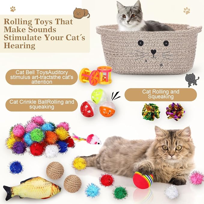 Zopeal 58 Pcs Summer Cat Storage Basket Gift Toys Set, Colorful Flashing Balls Pet Bell Crinkle Balls Spring Toys Attract Cat to Swat, Hunt, Interactive for Pet(Dark Brown,12 Inch)