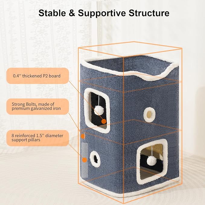 Cat House, Cat Beds for Indoor Cats, 2-Story Cat Condo Cube | Cat Bed Cave with Scratch Pad and Fluffy Ball Hanging, Multi-Level Cozy Hideout Center Ideal for Small/Medium Cats