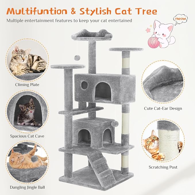 54 Inch Cat Tree Tower with Natural Sisal Scratching Post | Multi-Level Cat Climbing Tower with Hammock, Pet Condo for Indoor Cats and Kittens, Light Grey