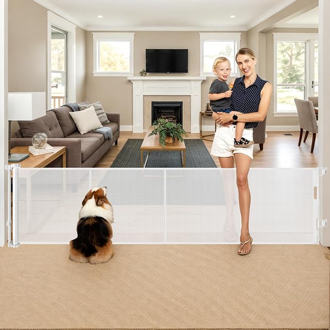 Reinforced 28 Inch Tall Retractable Baby Gates for Dogs - Easy Step Over, 100" Extra Wide Baby Gate with Support Rods, Indoor Mesh Dog Gates for The House Outdoor Retractable Gate Small Pet Gate/White