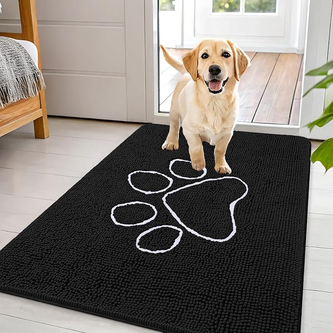 OLANLY Dog Door Mat for Muddy Paws 44x32, Paw Print Design Chenille Mud Mat | Black, Absorbent, Traps Moisture and Dirt, Non-Slip Washable Doormat, Quick-Drying Indoor Entryway Floor Carpet for Dogs