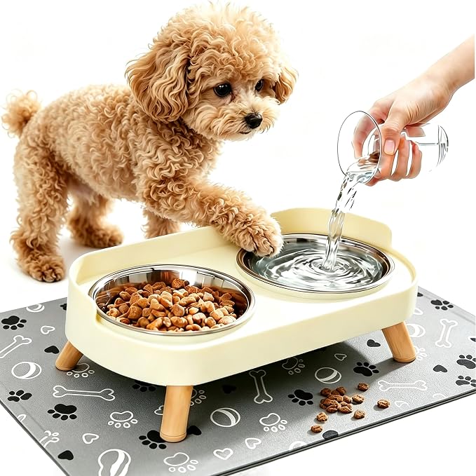 Elevated Dog Bowls with Mat, 2 Stainless Steel for Small Dogs Under 25 Lb | Raised Bowl Stand, Food & Water Set for Cats & Puppies, Splash Proof, Dishwasher Safe, Stain-Resistant Quick-Dry Mat