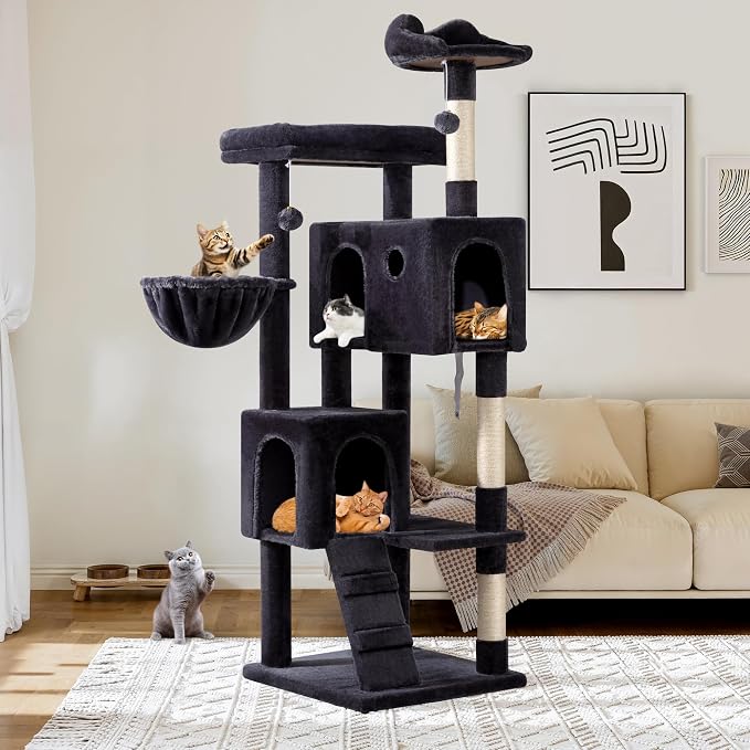 Allewie 64 Inches Multi-Level Cat Tree Tower for Indoor Cats, Dark Grey | Activity Center for Big Felines, 2 Plush Condos, 2 Perches, Cozy Basket, House, Sisal Scratching Posts, Hanging Cat Toys