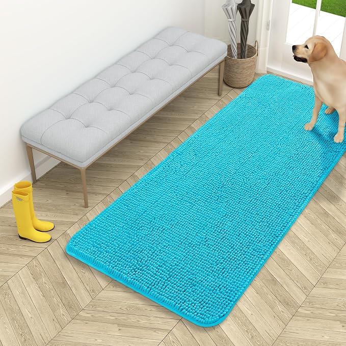 OLANLY Dog Door Mat for Muddy Paws 54x24, Super Absorbent Chenille Mud Mat | Aqua Blue, Absorbs Moisture and Dirt, Non-Slip Machine Washable Doormat, Quick-Drying Indoor Entryway Floor Carpet for Dogs