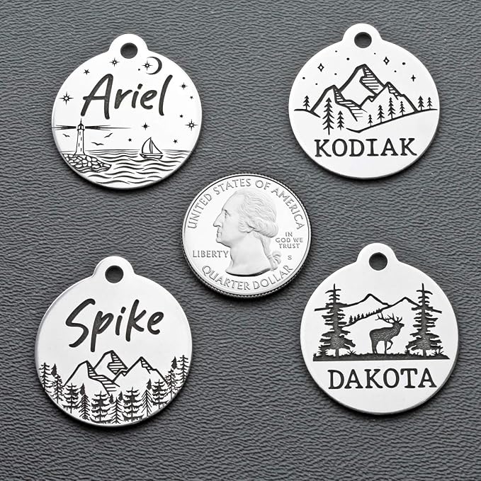 DEEP Custom Stainless Steel Pet ID Tags Front and Back Engraved Dog Tags Personalized for Dogs and Cats (Moose-Round 1-1/4"x1-1/8)