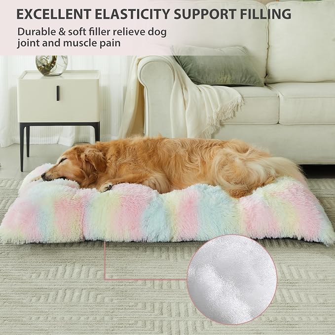 BFPETHOME Dog Beds for Large Dogs, Plush Dog Crate Bed Fluffy Cozy Kennel Pad for Sleeping &Ease Anxiety, Washable Pet Mats with Anti-Slip Bottom for Large Dogs, Rainbow