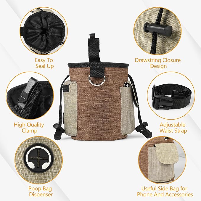 ondware Dog Treat Pouch with Waist Belt, Clicker & Poop Bags | Waterproof oxford fabric, drawstring closure, 3.6-cup capacity, adjustable 22.6–40.4 in belt, for training and walks