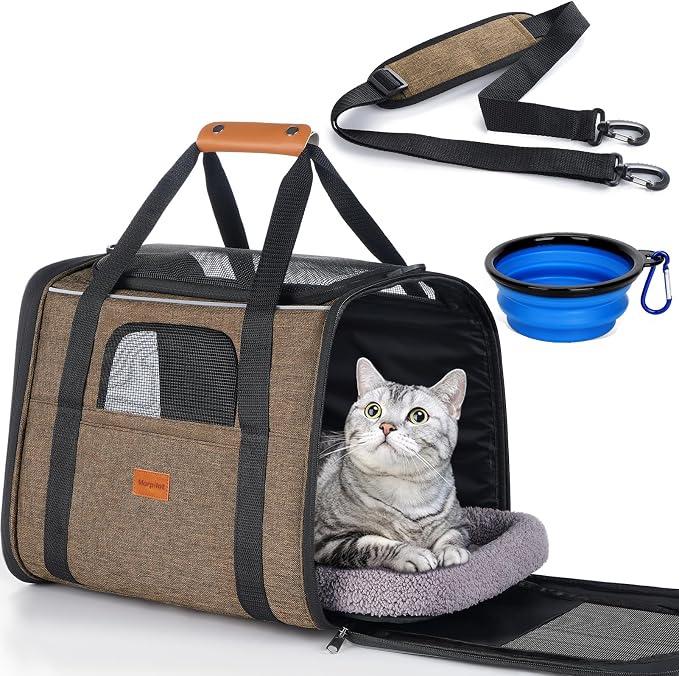 Morpilot Cat Carrier - Cat Carrier Soft for Medium or Large Cats up to 20lbs, with Dual-Sided Cushion, Secure Buckle and Foldable Bowl, Dog Carriers for Small Dogs - Pet Carrier (Brown)