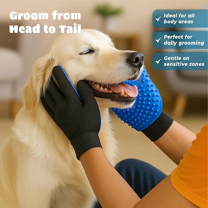 Pet Grooming Gloves – Efficient Dog & Cat Grooming Gloves 2-in-1 Deshedding Glove & Massage Mitt for Bathing, Washing & Shedding, Safe for Short/Long Hair – 2pcs (Blue)