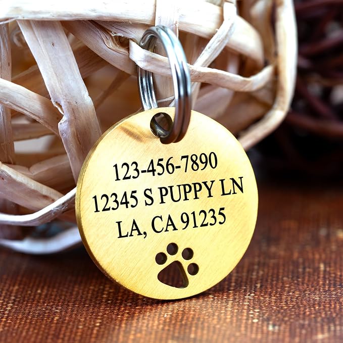 Ultra Joys Dog Tags Personalized for Pets - Hollow Paw Custom Pet ID Tag - Engraved Dog Tag for Small, Large Dogs - Small Round in Gold