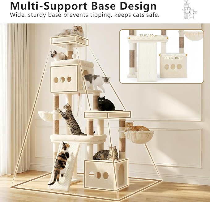 Heybly Cat Tree 72.4-Inch Anti-Tip Cat Tower with Spacious Perches HCT060MJ | All-in-One Cat Furniture for Large Cats, Multiple Interactive Areas, Extra-Large Sisal Scratching Board, Beige