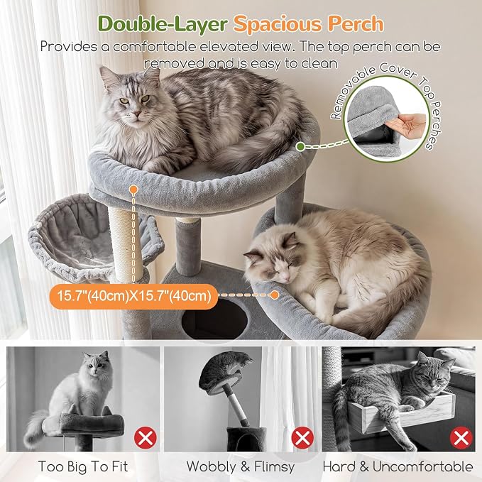 Globlazer Sturdy Cat Tower for Indoor Cats 20lbs, 76in, S76E, Light Grey | Heavy Duty Cat Tree for Adult Big Cats Maine Coon with Scratching Post, 2 Extra Large Top Perch, 2 Padded Cat Condos