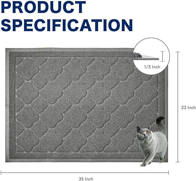 Cat Litter Box Mat, Kitty Premium PVC Pad, Durable Trapping Rug, Phthalate Free, Urine-Resistant, Scatter Control, L 35 x 23 Inch, Grey