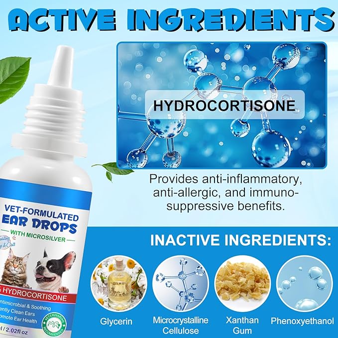 2PCS Dog & Cat Ear Infection Treatment Drops, Pets Ear Cleaning Drops | with 1% Hydrocortisone for Dog & Cats Yeast Infection, Itchy Ear Relief, Treats Ear Infections for Dogs & Cats