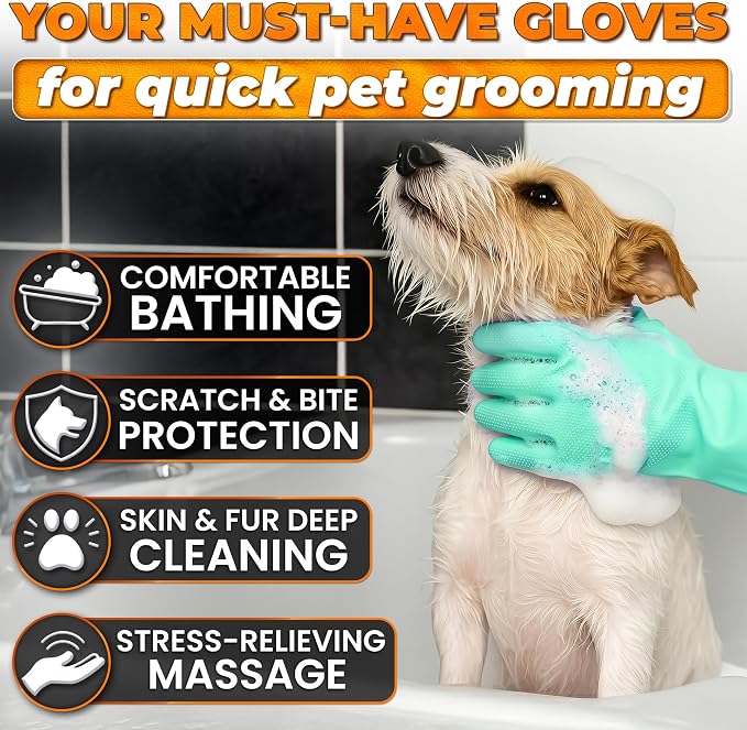 Cat and Dog Washing Gloves, 1 Pair, 11.6 in, Silicone (Turquoise) | Dog Shampoo Gloves, Pet Bath & Grooming Mitt, 3000 Soft Bristles, Removes Loose Hair, Saves Shampoo, Massage, Wet or Dry
