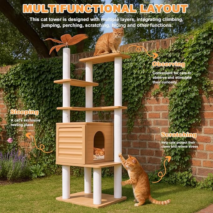 63in Outdoor Large Cat Tower,Weatherproof Multi-Level Design with Cat Condo | Khaki Heavy-Duty Cat Tree with Waterproof PE Panels,Durable Cat Scratching Posts,for Indoor and Outdoor Cat Houses CTT-6