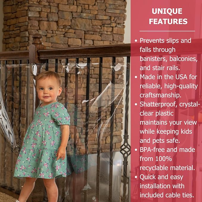Cardinal Gates KS15 Banister Shield Protector - Clear Indoor Banister Guard for Babies - Shatterproof Plastic Banister Guard for Pets - Made in The USA - 15 Feet Roll