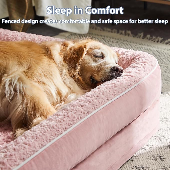 BFPETHOME Orthopedic Washable Dog Bed, Sleeping Couch for Large Senior Dogs | Deluxe Plush Rose Velvet Washable Cover, Egg Crate Foam Support, Waterproof Lining, Non-Slip Bottom, Senior Dogs