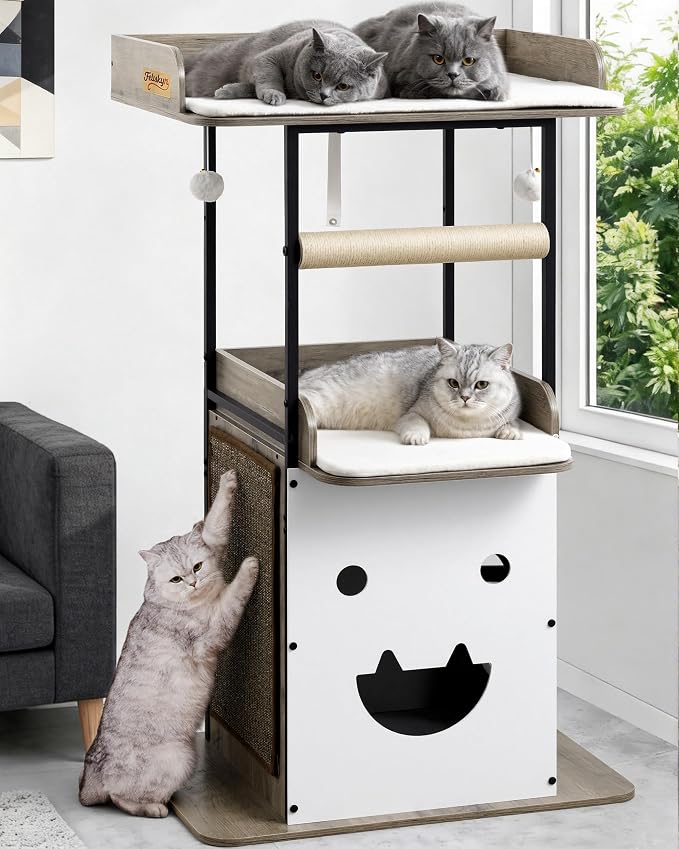 48in Wood Modern Cat Tree for Large Indoor Cats with Big Perch Bed | Multi-Level Climbing Design, Cat Cando, Sisal Scratching Posts and Board, Removable Washable Pads, Stable Greige
