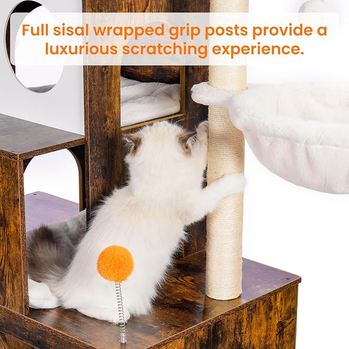 Heybly Cat Tree with Litter Box Enclosure for Indoor Big Cat HCT110SR | Cat Tower for Large Cats 20 lbs Heavy Duty, Modern Cat Condo Furniture with Scratching Posts, Rustic Brown