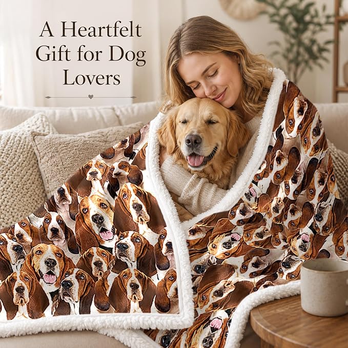 BlessLiving Bassett Hound Brown Throw Blanket with Dense Dog Patterns Sherpa Fleece Blanket Couch Bed, Soft Cozy Warm Pet Blankets for Puppy Lovers Cute Animal Print Gift 50x60 Inches