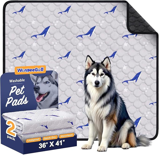 Washable Dog Pee Pads, Non-Slip Waterproof, 36 x 41 in, 2 Pack, Dolphin | Super absorbent, waterproof and non-slip; washable, reusable dog pads for crates, playpens, floors, furniture and travel