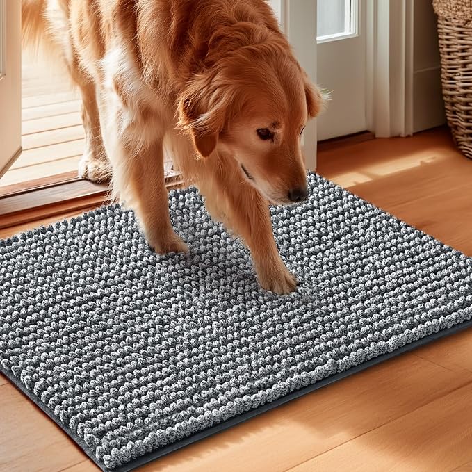 EHEYCIGA Super Absorbent Dog Door Mat for Muddy Paws 24x16 Inch Indoor, Front Doormat Outside Entrance, Quick Dry Chenille Washable Dog Crate Bed, Non-Slip Pet Rug Mud Mat Outdoor Entryway, Grey