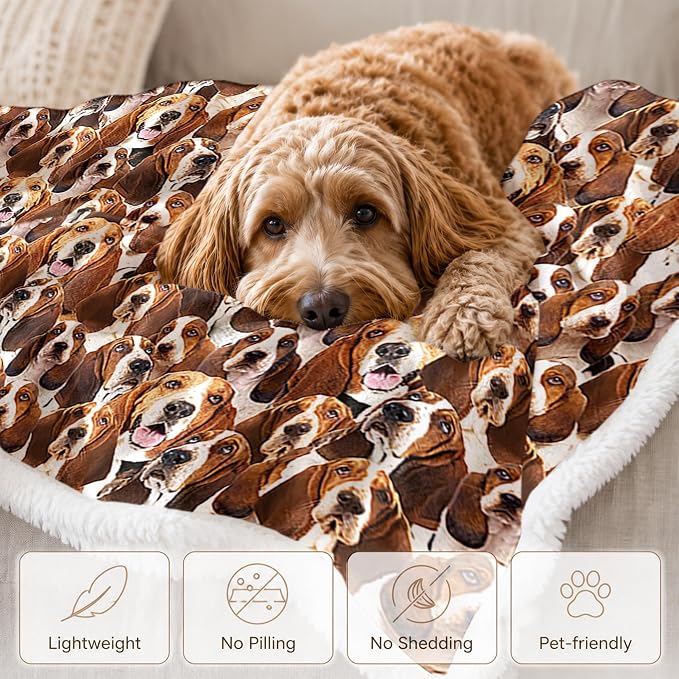 BlessLiving Bassett Hound Brown Throw Blanket with Dense Dog Patterns Sherpa Fleece Blanket Couch Bed, Soft Cozy Warm Pet Blankets for Puppy Lovers Cute Animal Print Gift 50x60 Inches