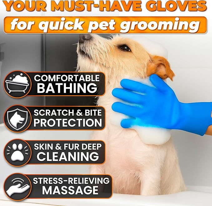 2-in-1 Cat and Dog Shampoo Gloves with 3000 Soft Silicone Bristles (Blue) | 11.6" Dog Bath Gloves for Massage, Grooming & Clean Wet or Dry; Saves Shampoo; for Every Breed and Coat Style; Universal Size