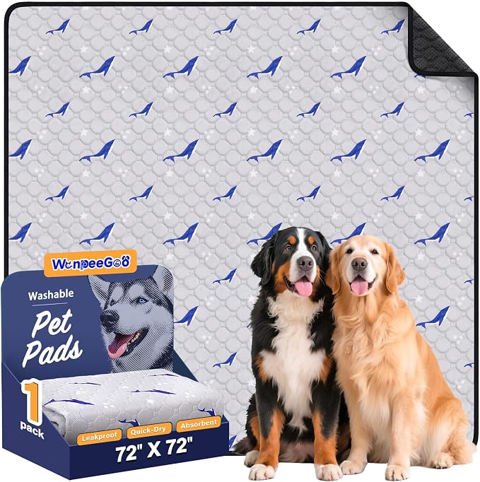 Washable Dog Pee Pads, Non-Slip Waterproof, 72 x 72 in, 1 Pack, Dolphin | Super absorbent, waterproof and non-slip; washable, reusable dog pads for crates, playpens, floors, furniture and travel