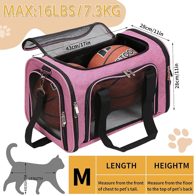 Soft-Sided Cat/Dog/Pet Carrier, Collapsible Pets Travel Carriers for Big Cats/Small Dogs with Shoulder Strap & Removable Mat, Mesh Puppy Carry Bag, Up to 16 Lbs, TSA Airline Approved (Pink)