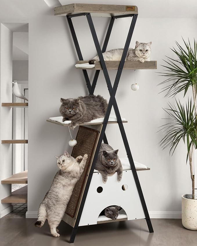Modern Wood Cat Tree Tower for Indoor Cats Large Adult 67-in Tall | Heavy Duty XL Stable Wooden Cat Condo House Furniture with Multi-Level Spacious Perch Scratching Board Soft Washable Pads